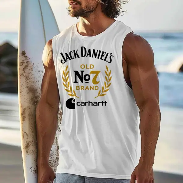 Men's Vintage Old No 7 Brand Drinking Surfing Graphic Print Round Neck Sleeveless Muscle Tank Top - Ootdyouth.com 