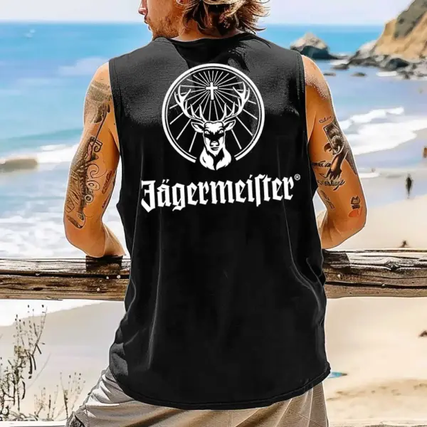 Men's Vintage Drinking Deer Surfing Graphic Print Round Neck Sleeveless Muscle Tank Top - Ootdyouth.com 