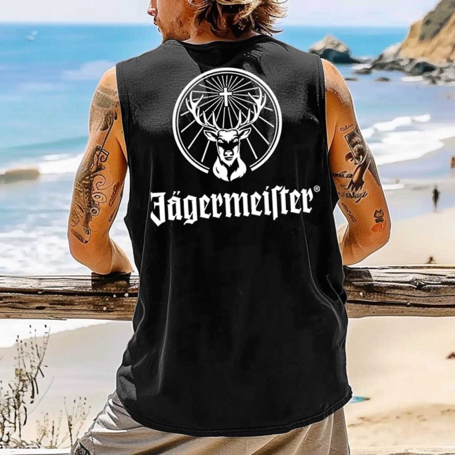 

Men's Vintage Drinking Deer Surfing Graphic Print Round Neck Sleeveless Muscle Tank Top