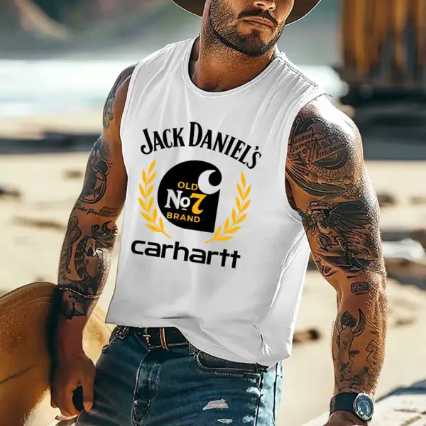 Men's Vintage Old No 7 Brand Drinking Surfing Graphic Print Round Neck Sleeveless Muscle Tank Top - Ootdyouth.com 