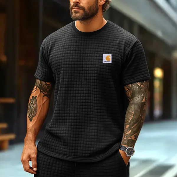 Men's Vintage Surfing Black Plaid Quilted Waffle Short Sleeve Muscle Crew Neck T-Shirt - Ootdyouth.com 