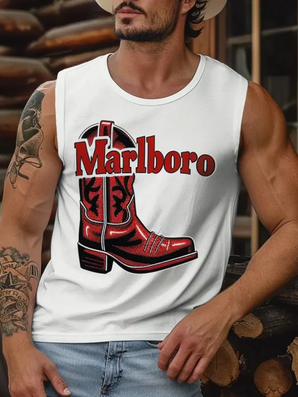 Men's Vintage Western Cowboy Rodeo Boots Surfing Graphic Print Round Neck Sleeveless Muscle Tank Top - Wantbright.com 