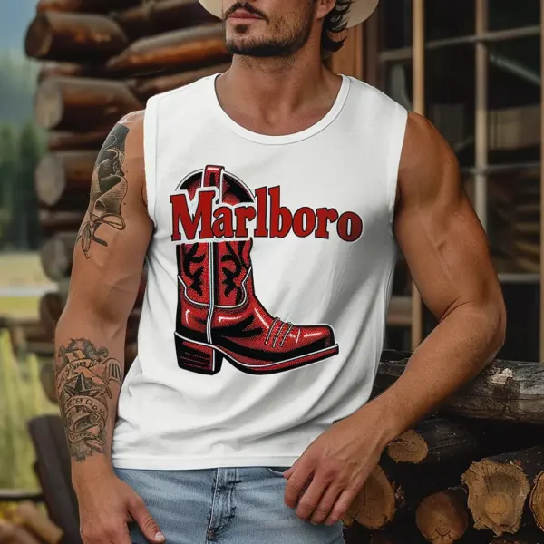 Men's Vintage Western Cowboy Rodeo Boots Surfing Graphic Print Round Neck Sleeveless Muscle Tank Top - Ootdyouth.com 