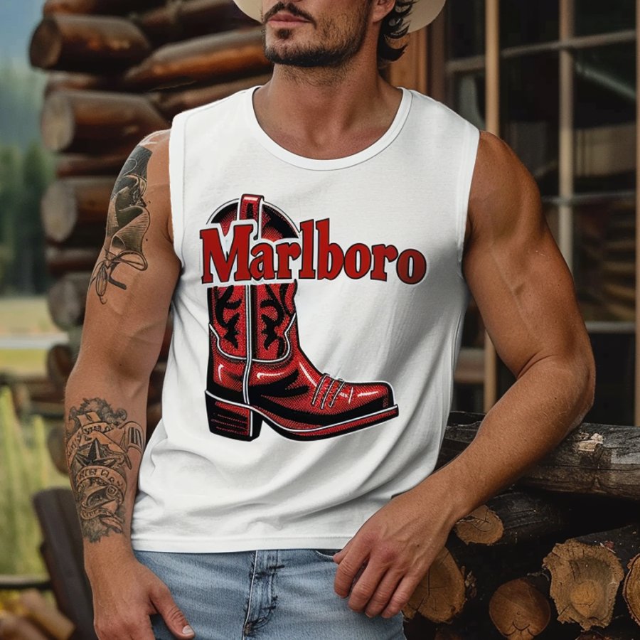 

Men's Vintage Western Cowboy Rodeo Boots Surfing Graphic Print Round Neck Sleeveless Muscle Tank Top