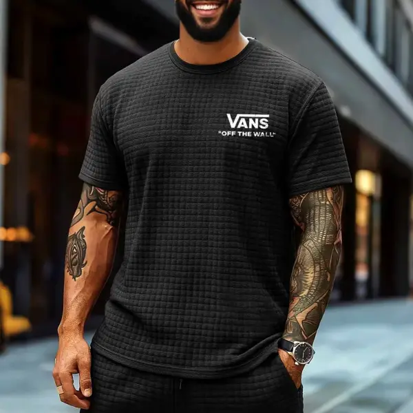 Men's Vintage Surf Plaid Quilted Waffle Short Sleeve Muscle Crew Neck T-Shirt - Ootdyouth.com 
