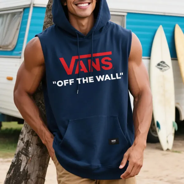 Unisex Outdoor Casual Loose Round Neck Cotton Sleeveless Hooded T-Shirt Surf Print Top - Ootdyouth.com 