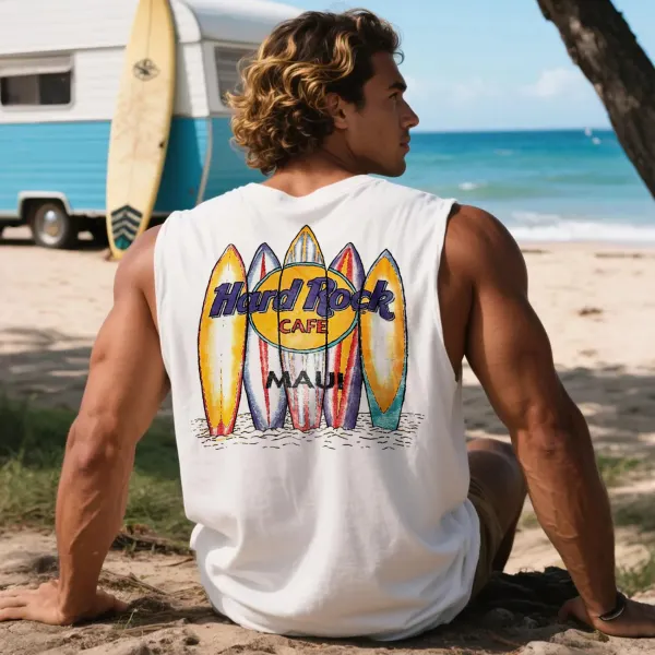 Unisex Outdoor Casual Loose Round Neck Pure Cotton Sleeveless T-shirt MAUI Surfing Print Top - Ootdyouth.com 