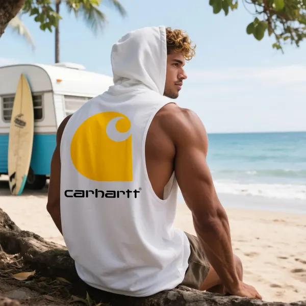 Unisex Outdoor Casual Loose Round Neck Cotton Sleeveless Hooded T-Shirt Surf Print Top - Ootdyouth.com 