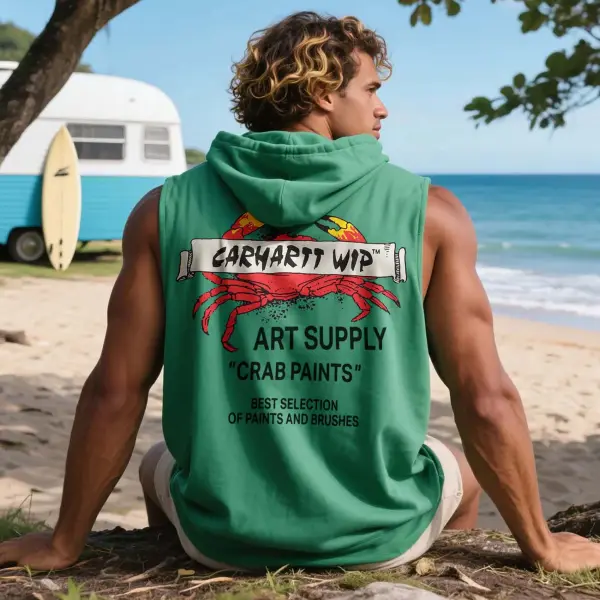 Unisex Outdoor Casual Loose Round Neck Cotton Sleeveless Hooded T-Shirt Surf Print Top - Ootdyouth.com 