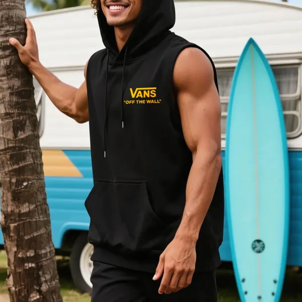 Unisex Outdoor Casual Loose Round Neck Cotton Sleeveless Hooded T-Shirt Surf Print Top - Ootdyouth.com 