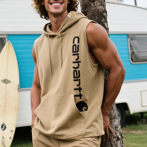 Unisex Outdoor Casual Loose Round Neck Cotton Sleeveless Hooded T-Shirt Surf Print Top - Ootdyouth.com 