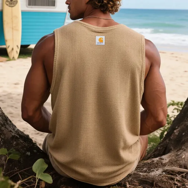 Unisex Outdoor Casual Loose Waffle Sleeveless T-shirt Surf Printed Vest - Ootdyouth.com 