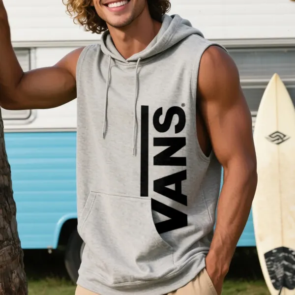 Unisex Outdoor Casual Loose Round Neck Cotton Sleeveless Hooded T-Shirt Surf Print Top - Ootdyouth.com 