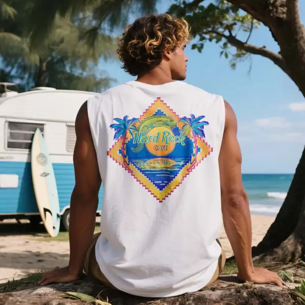 Unisex Outdoor Casual Loose Round Neck Pure Cotton Sleeveless T-shirt MAUI Surfing Print Top - Ootdyouth.com 