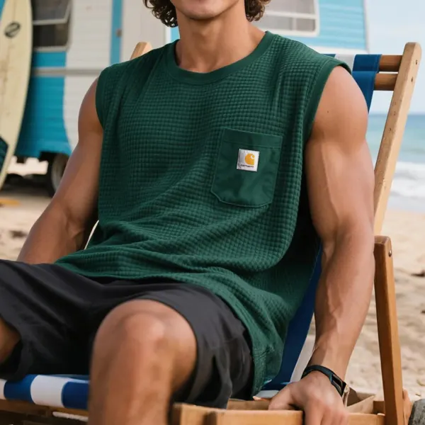 Unisex Outdoor Casual Loose Waffle Sleeveless T-shirt Surf Printed Vest - Ootdyouth.com 
