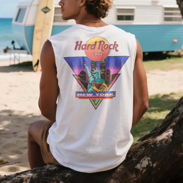 Unisex Outdoor Casual Loose Round Neck Cotton Sleeveless T-Shirt New York Surf Print Top - Ootdyouth.com 