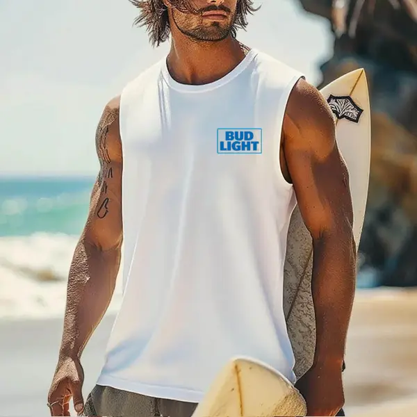 Men's Vintage Blue Logo Surfing Graphic Print Round Neck Sleeveless Muscle Tank Top - Wayrates.com 