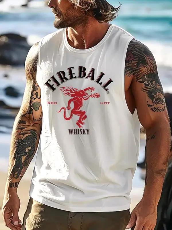 Men's Vintage Red Hot Surfing Rodeo Graphic Print Round Neck Sleeveless Muscle Tank Top - Wantbright.com 