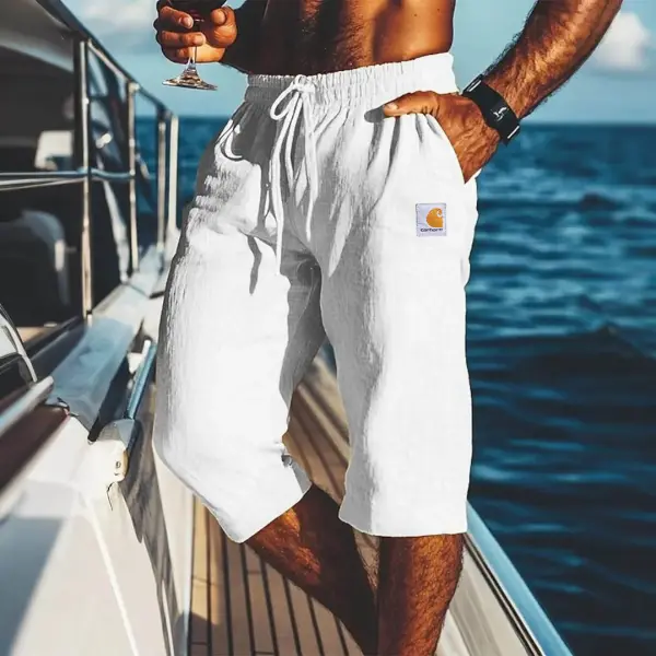 Men's Surfing Linen Beach Vacation Elastic Drawstring Cropped Shorts - Wayrates.com 
