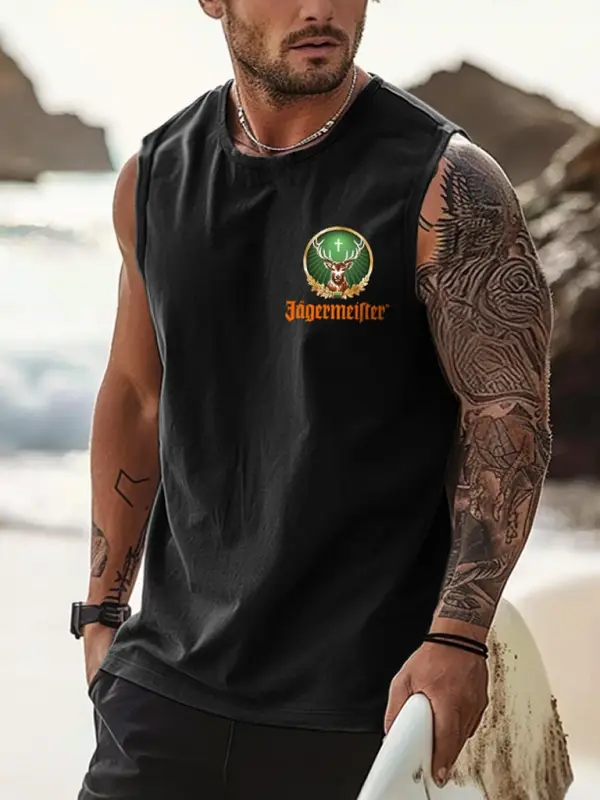 Men's Vintage Deer Surfing Rodeo Graphic Print Round Neck Sleeveless Muscle Tank Top - Wantbright.com 