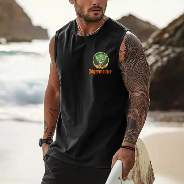 Men's Vintage Deer Surfing Rodeo Graphic Print Round Neck Sleeveless Muscle Tank Top - Ootdyouth.com 