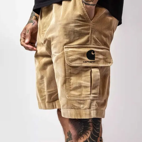Men's Vintage Khaki Corduroy Surfing Multi-Pocket Walkshort Workwear Elastic Cargo Shorts Boardshorts - Ootdyouth.com 