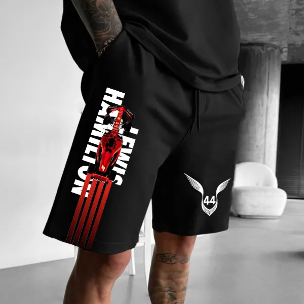 Men's Black Loose Casual Sports Racing Sweatshirt Shorts - Ootdyouth.com 