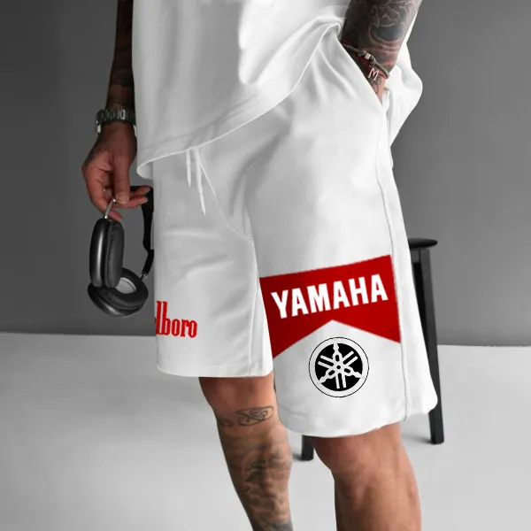 Men's White Loose Casual Sports Racing Sweatshirt Shorts - Ootdyouth.com 