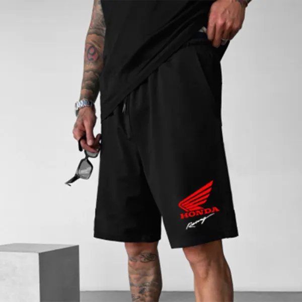 Men's Black Loose Casual Sports Racing Sweatshirt Shorts - Ootdyouth.com 