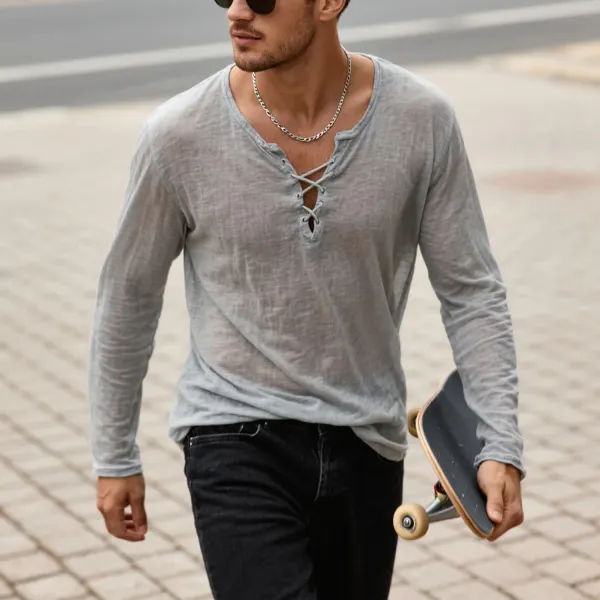 Street Daily Casual Loose Soft And Comfortable Retro Drawstring Long-sleeved T-shirt - Ootdyouth.com 