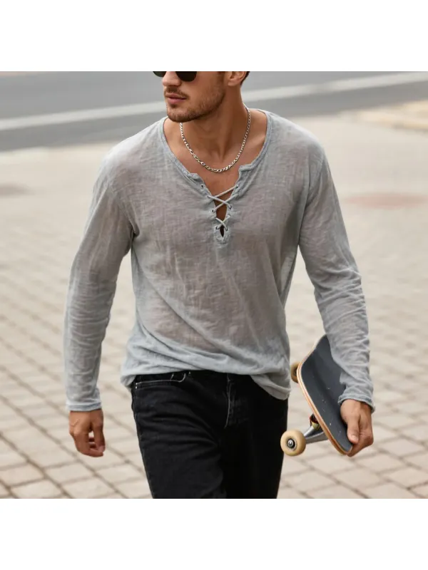 Street Daily Casual Loose Soft And Comfortable Retro Drawstring Long-sleeved T-shirt - Anrider.com 