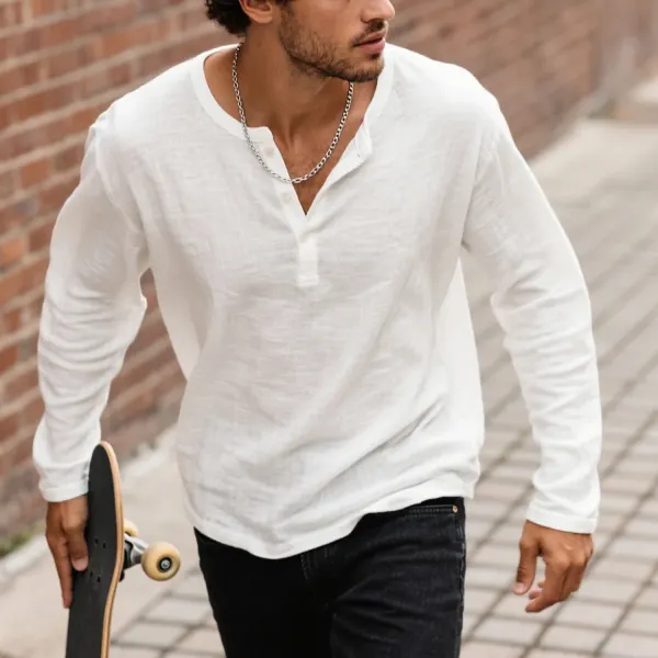 Street Daily Casual Poor Large Silhouette Loose Soft And Comfortable Henry Collar Linen Long-sleeved T-shirt - Ootdyouth.com 