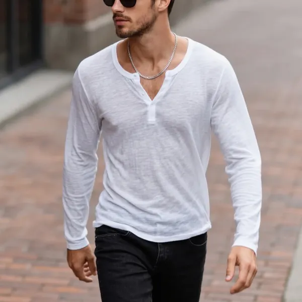 Street Daily Casual Loose Soft And Comfortable Retro Henley Collar Long Sleeve T-shirt - Ootdyouth.com 