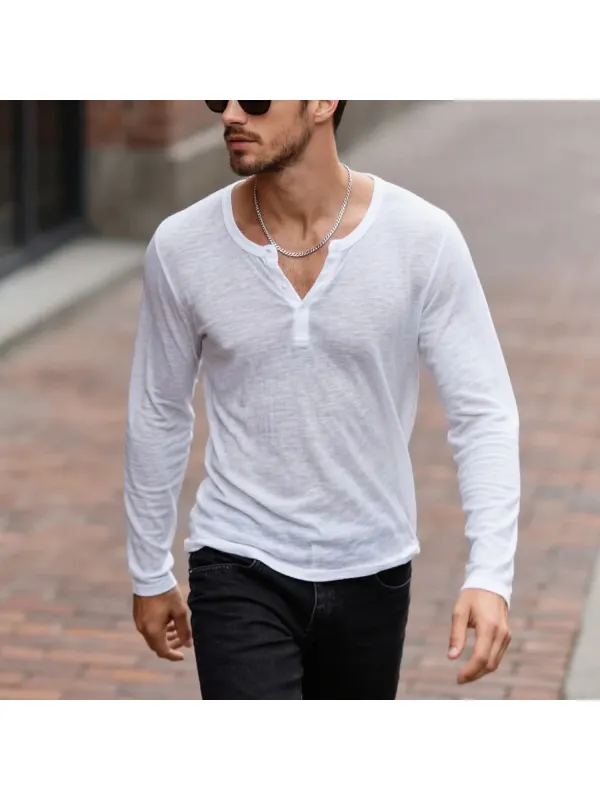 Street Daily Casual Loose Soft And Comfortable Retro Henley Collar Long Sleeve T-shirt - Ootdmw.com 