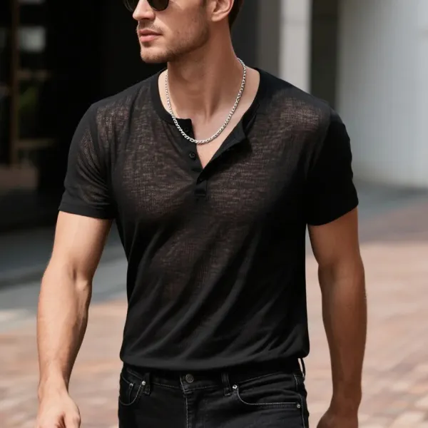 Street Daily Casual Loose Soft And Comfortable Henley Collar Short-sleeved T-shirt - Ootdyouth.com 