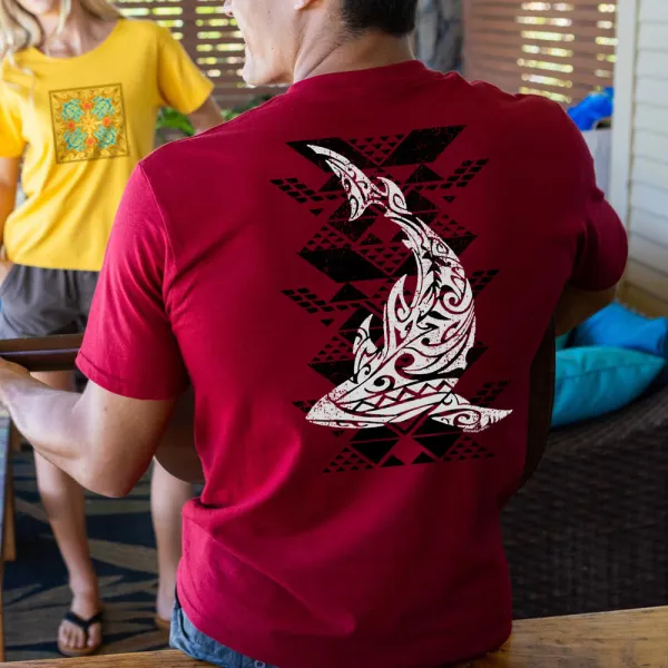 Loose Fit, Comfortable And Casual Tribal Reef Mako Print T-shirt - Ootdyouth.com 