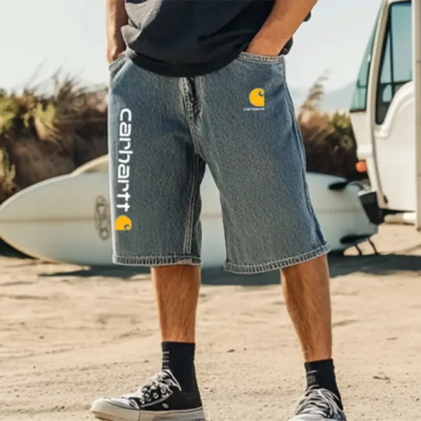 Men's Blue Simple Casual Surfing Baggy Cropped Denim Wide Leg Shorts - Ootdyouth.com 