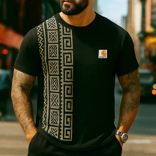 Men's Vintage Western T-Shirt With Geometric Pattern - Ootdyouth.com 