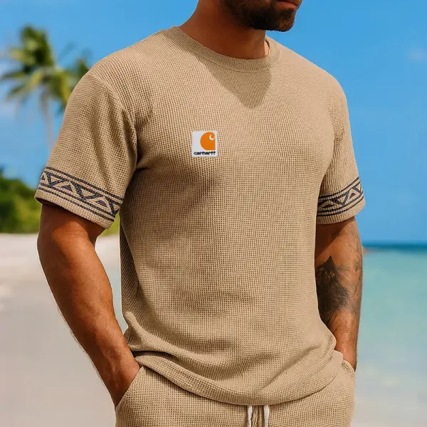 Men's Casual Waffle Beachwear Geometric Pattern T Shirt Khaki - Ootdyouth.com 