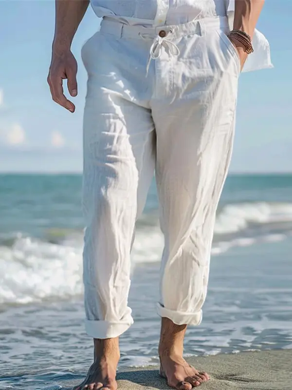 Men's Linen Beach Front Pocket Straight Leg Plain Comfort Breathable Casual Pants Trousers - Pragmaace.com 