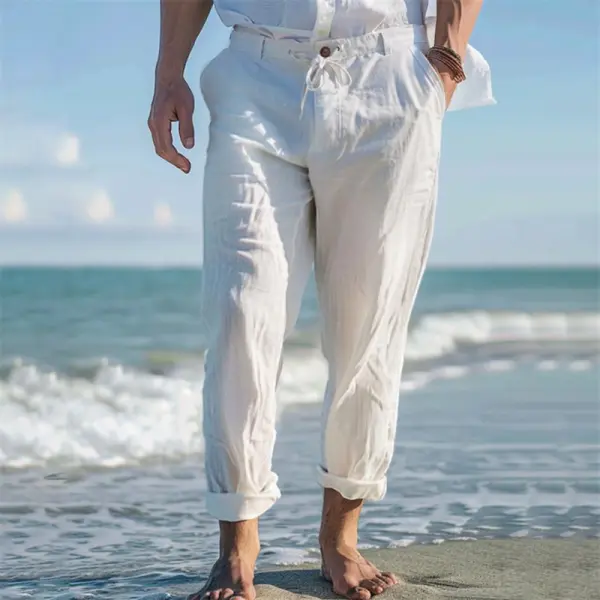 Men's Linen Beach Front Pocket Straight Leg Plain Comfort Breathable Casual Pants Trousers - Ootdyouth.com 
