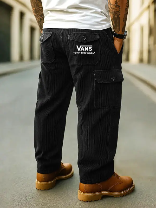 Men's Vintage Black Corduroy Surf Off The Wall Multi-Pocket Cargo Pants - Pragmaace.com 