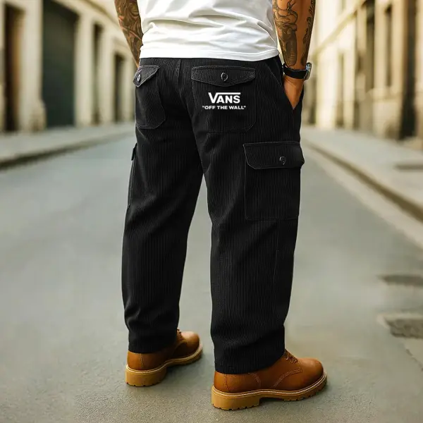 Men's Vintage Black Corduroy Surf Off The Wall Multi-Pocket Cargo Pants - Ootdyouth.com 