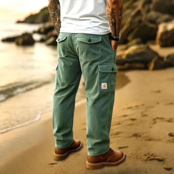 Men's Vintage Corduroy Surf Multi-Pocket Elastic Drawstring Cargo Pants - Ootdyouth.com 