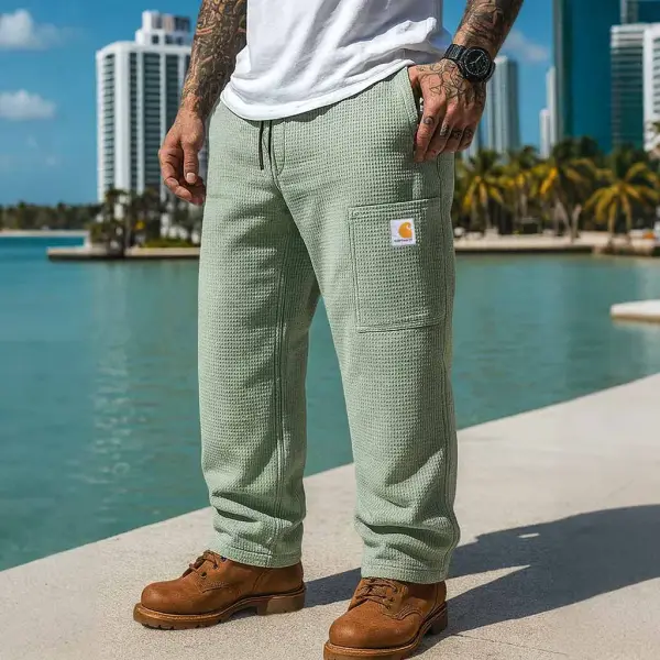 Men's Vintage Waffle Knit Surf Print Pocket Elastic Drawstring Cargo Pants - Ootdyouth.com 