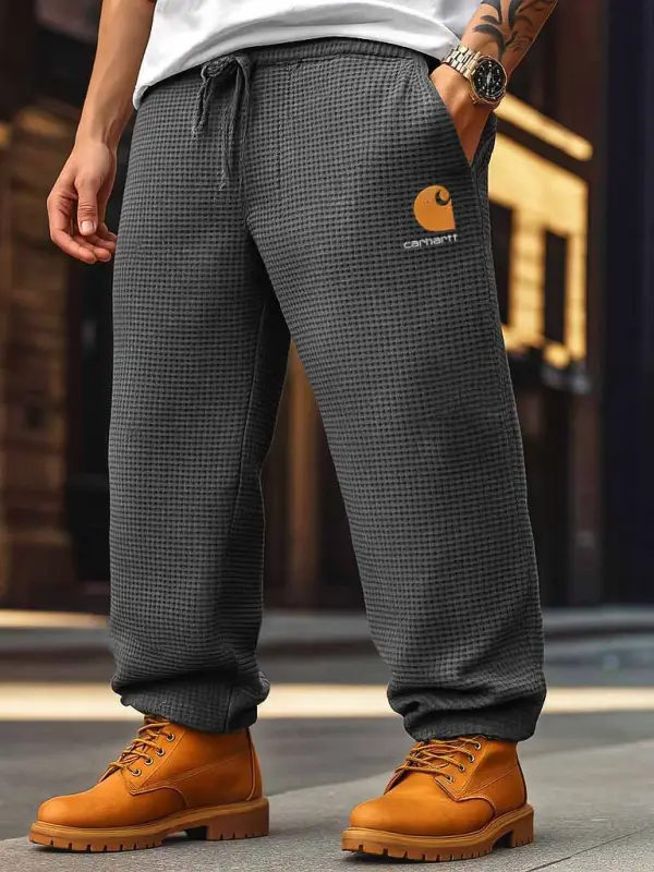 Men's Vintage Waffle Knit Surf Embroidery Drawstring Waist Sweatpants Trousers - Menwyx.com 