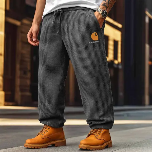 Men's Vintage Waffle Knit Surf Embroidery Drawstring Waist Sweatpants Trousers - Ootdyouth.com 