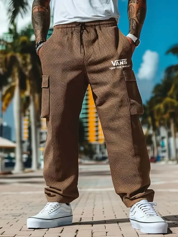 Men's Vintage Waffle Knit Surf Brown Multi-Pocket Elastic Drawstring Cargo Pants - Pragmaace.com 