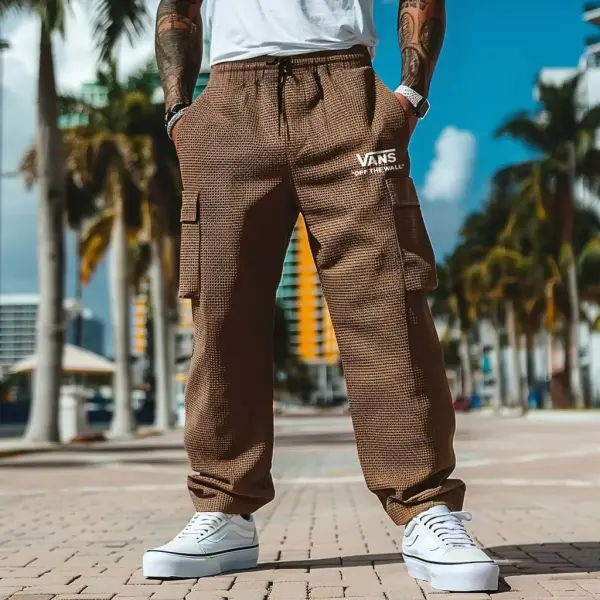 Men's Vintage Waffle Knit Surf Brown Multi-Pocket Elastic Drawstring Cargo Pants - Ootdyouth.com 