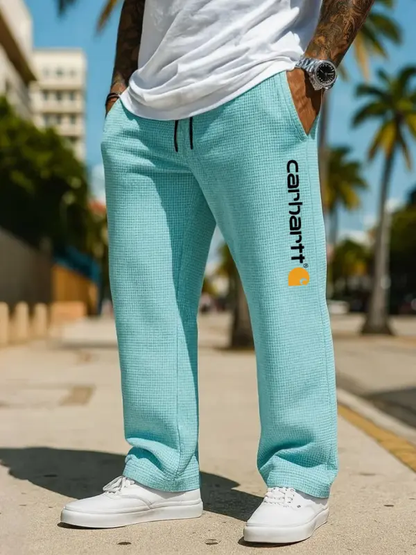 Men's Vintage Waffle Knit Surf Print Elastic Drawstring Casual Pants - Menwyx.com 